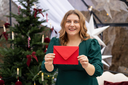 Young 30s woman getting Christmas greeting card from her beloved on background of xmas tree at cozy...