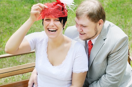 Outdoor portrait of happy bride and groom の写真素材