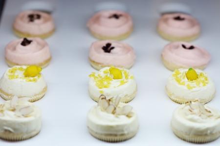 Decorated white cream cupcakes