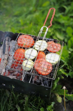 Grilling vegetables on panの写真素材