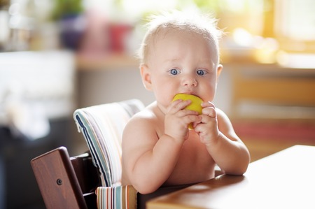 Cute baby boy eating healthy food (apple)