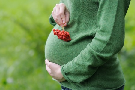 Young pregnant woman holding ashberry in her hands 