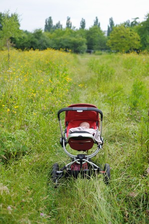 Sweet little baby boy sleeping in strollerの写真素材