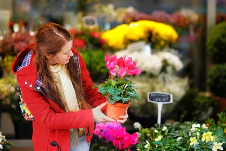 Beautiful young woman selecting fresh flowers at Parisian marketの写真素材