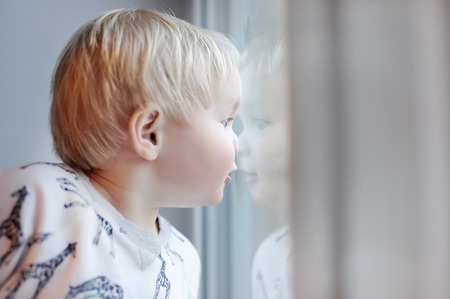 Portrait of toddler boy looking through the windowの写真素材