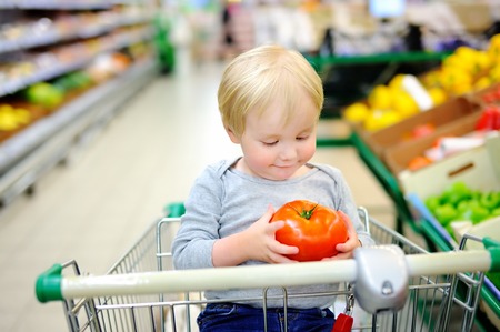 Cute toddler boy sitting in the shopping cart in a food store or a supermarketの写真素材