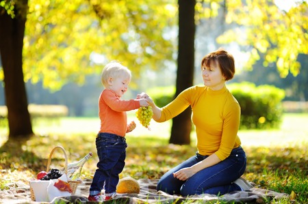 Beautiful middle aged woman and her adorable little grandson having a picnic in sunny parkの写真素材