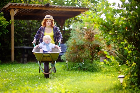 Adorable toddler boy having fun in a wheelbarrow pushing by mum in domestic garden, on warm sunny day. Active outdoors games for kids in summer.の写真素材