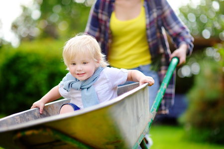 Adorable toddler boy having fun in a wheelbarrow pushing by mum in domestic garden, on warm sunny day. Active outdoors games for kids in summer.の写真素材
