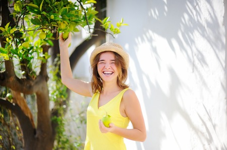 Young beautiful girl picking fresh ripe limes or lemons in sunny tree garden in Italy. Happy female farmer working in fruit orchardの写真素材