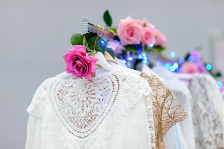 Beautiful bridal dresses or bridesmaid dresses on a mannequin. Wedding shoppingの写真素材
