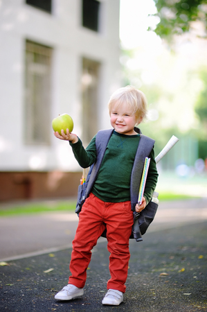 Cute little schoolboy outdoors on sunny autumn day. Young student with his backpack and apple. Education for small kids. Back to school concept.の写真素材