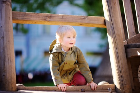 Happy little boy having fun on outdoor playground. Autumn/fall or spring active sport leisure for...