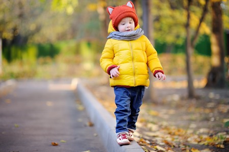 Cute toddler boy wearing hat with ears playing outdoors at autumn day. Little child practice balancing in fall park. Fashion seasonal clothingの写真素材
