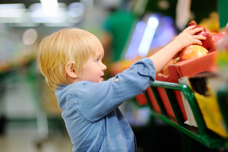 Cute little boy in a food store or a supermarket choosing fresh organic pomegranate. Healthy lifestyle for young family with kidsの写真素材