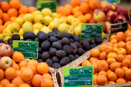 Various of fresh bio various fruits on farmer market in Strasbourg, France. Typical European local farmer marketの写真素材