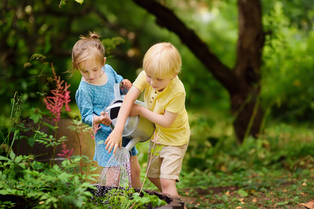 Cute little boy and girl watering plants in the garden at summer sunny day. Mommy little helpers. Brother and sister playing togetherの写真素材