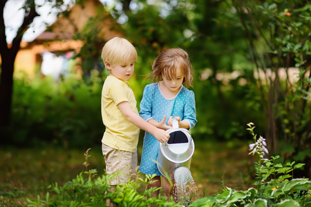 Cute little boy and girl watering plants in the garden at summer sunny day. Mommy little helpers. Brother and sister playing togetherの写真素材