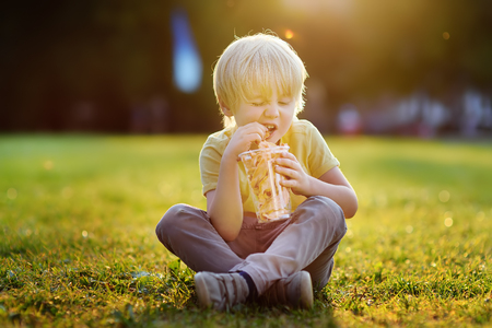 Little boy eats carrot chips during walking in the Park. The concept of healthy eating. Vegan diet.の写真素材