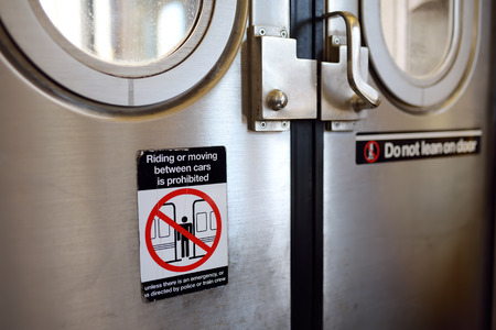 Subway train doors and windows in New York. Transportation system in NYC