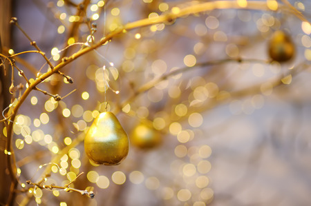 Branch with luxury Christmas decoration in golden color. Close up.の写真素材