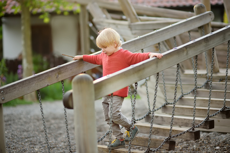 Happy little boy having fun on outdoor playground. Autumn/fall or spring active sport leisure for kidsの写真素材
