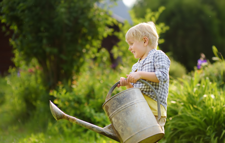 Cute toddler boy watering plants in the garden at summer sunny day. Mommy little helperの写真素材