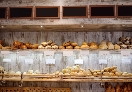 Freshly baked gourmet bread for sale in Italian bakery. Local traditional bread.の写真素材