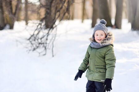 Cute little boy having fun playing during walking in the snowy park . Outdoors winter activities for kids.の写真素材
