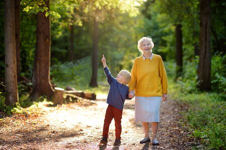 Elderly grandmother and her little grandchild walking together in sunny summer park. Grandma and grandson. Two generations of family.の写真素材