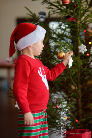 Little boy wearing Santa hat ready for celebrate Christmas. Cute child decorating the Christmas tree with glass toy. Activity for children on winter holidaysのeditorial素材
