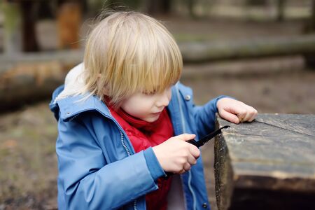 Little boy saws log with a small penknife while walking in the forest at spring or autumn. Outdoors...