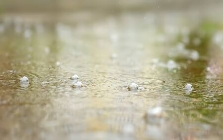 Drops of summer rain on water. Texture with bubbles in the water. Close up, copy space, background.の写真素材