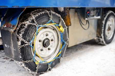SaaS-Fee, Switzerland - February 4, 2020: chains on the wheels of a company car in the mountain...