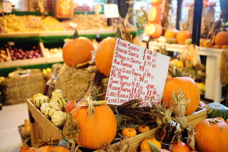 New York, USA - October 20, 2018: Traditional agricultural fair CHELSEA MARKET in New York. Colorful pumpkins and motley ears of indian corn ready for sale at the seasonal marketplace.のeditorial素材
