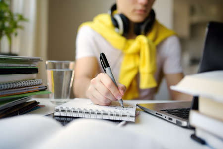 Teenager boy study at home. Online education and distance learning for children. School boy doing...