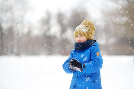 Little boy having fun playing with fresh snow during snowfall. Snowball fight. Kid dressed in warm clothes, hat, hand gloves and scarf. Active leisure outdoors for child on nature in snowy winter day.の写真素材