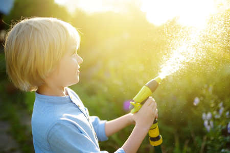 Funny little boy watering plants and playing with garden hose with sprinkler in sunny backyard. Preschooler child having fun with spray of water. Summer outdoors activity for kids.の写真素材