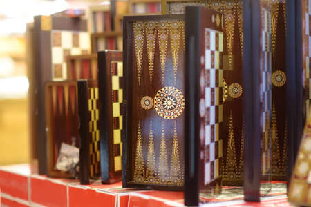 Sale of backgammon in grand bazaar in Istanbul, Turkey. It is traditional board eastern game....