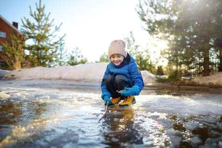 Cute preschooler boy is playing with a stick in brook on sunny day. Child having fun and enjoy a big puddle. All kids love play with water. Happy childhood. Outdoor activity for baby in early sping time.の写真素材
