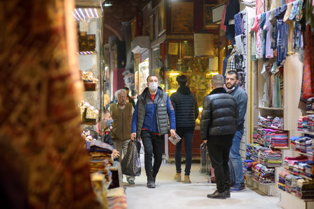 Istanbul, Turkey - March 5, 2021: Inside of Grand Bazaar. It is oldest shopping mall in history. There are thousand shops which sales jewelry, carpet, lamp, leather, ceramic, spices, seasoning and otherのeditorial素材