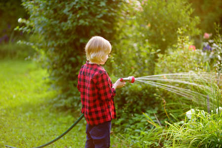 Funny little boy watering plants and playing with garden hose with sprinkler in sunny backyard. Preschooler child having fun with spray of water. Summer outdoors activity for kids.の写真素材