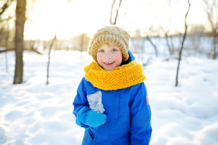 Little boy having fun playing with icicle in forest on sunny winter day. Kid dressed in a warm clothes, hat, hand gloves and scarf. Active leisure outdoors for child on nature among driven snowの写真素材