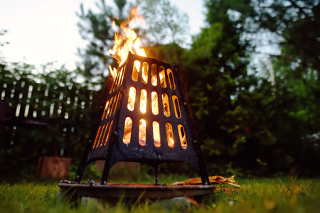 A burning a bonfire in a fire bowl on a summer evening in the backyard. Burning firewood in a fire...