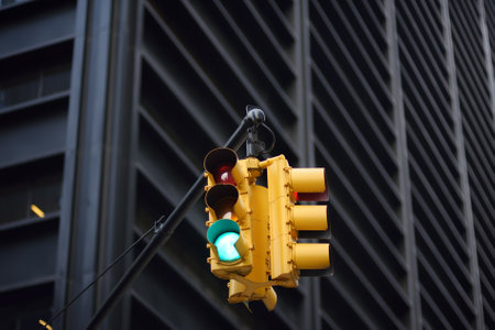 Yellow Traffic Light on background of skyscrapers, Manhattan, New York, USA. green stop signal....