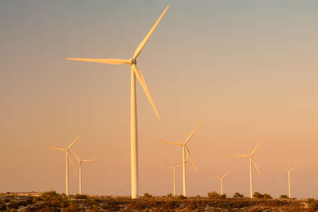 Group of wind power station for renewable electric energy production. Windmills on the sunset. High...