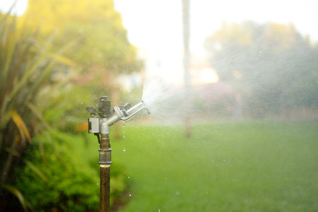 Automatic garden sprinkler in a public park. Gardening equipment. Watering the grass in the yard on a sunny summer dayの写真素材