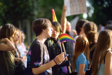Podgorica, Montenegro - October 8, 2022: View of people column during the Ten LGBT Pride Parade in...