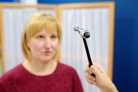 Mature woman are at an appointment with a neurologist in modern clinic. Doctor is checking the neurological reflexes of patient with hammer. Neurology professional doctor at workの写真素材