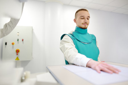 Young man having x-ray shot of broken hand in x-ray room in modern clinic. Patient wearing in...